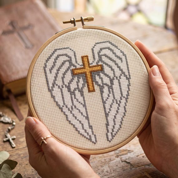 Angel Wings Cross Stitch Pattern, Cross Heart Wings, Memorial Faith, Christian Needlepoint (PDF Download for Beginners)