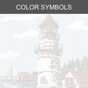 Peut inclure: Une toile de diamond painting repr&eacute;sentant un phare avec le texte COLOR SYMBOLS en haut. Le motif est compos&eacute; d'une grille de petits carr&eacute;s, chacun contenant une lettre ou un chiffre pour indiquer les couleurs sp&eacute;cifiques du projet.