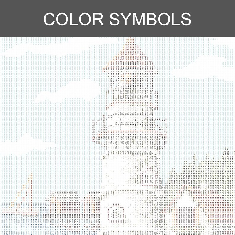 Peut inclure: Une toile de diamond painting repr&eacute;sentant un phare avec le texte COLOR SYMBOLS en haut. Le motif est compos&eacute; d'une grille de petits carr&eacute;s, chacun contenant une lettre ou un chiffre pour indiquer les couleurs sp&eacute;cifiques du projet.