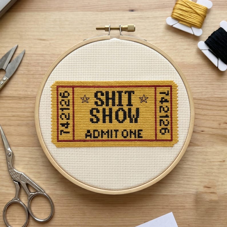 Kreuzstichmuster „Shit Show Ticket“, freche und subversive Stickerei, Sofort-Download Bild 2