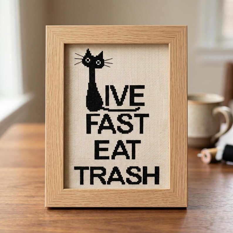 Black Cat-kruissteekpatroon, Live Fast Eat Trash, instant digitale download afbeelding 2