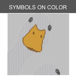 May include: A cross-stitch pattern featuring a goose head with a bright orange beak and white feathers represented by black symbols on a light gray background. The text SYMBOLS ON COLOR is displayed in white at the top of the square image.