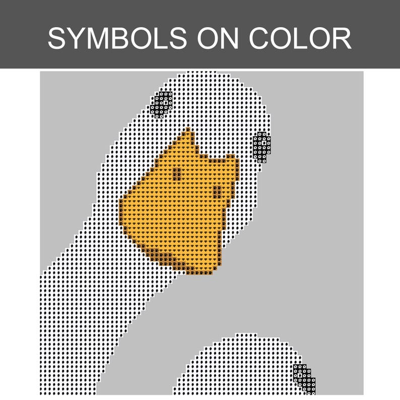 May include: A cross-stitch pattern featuring a goose head with a bright orange beak and white feathers represented by black symbols on a light gray background. The text SYMBOLS ON COLOR is displayed in white at the top of the square image.