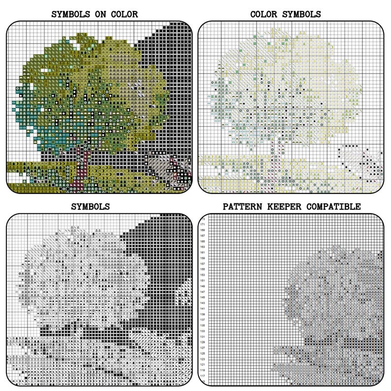 Op de afbeelding: Vier kruissteekpatronen worden getoond, elk met een boomsc&egrave;ne. De linkerbovenhoek toont het ontwerp met symbolen op kleur, de rechterbovenhoek met kleursymbolen, de linkeronderhoek met symbolen en de rechteronderhoek is compatibel met Pattern Keeper.