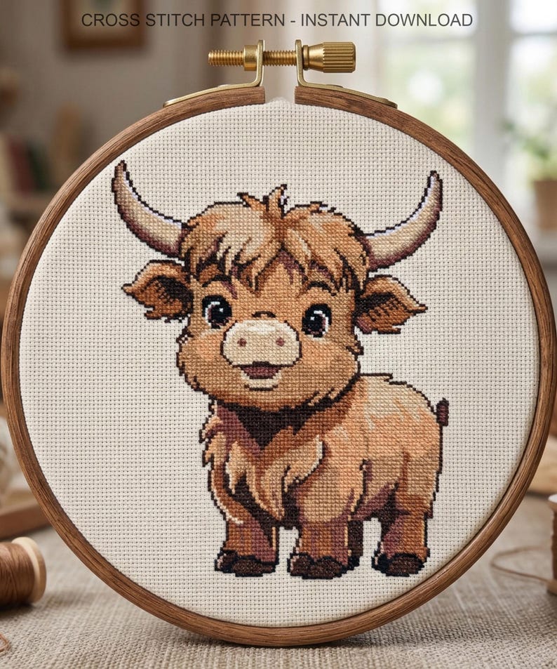 May include: A cross-stitch pattern of a Highland cow in a wooden embroidery hoop. The cow is depicted in shades of brown and tan, with large horns and a fluffy coat. The text "CROSS STITCH PATTERN - INSTANT DOWNLOAD" is at the top.