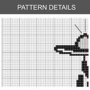 Pode incluir: Detalhe de um padr&atilde;o de ponto cruz com uma grelha de linhas pretas. O padr&atilde;o mostra um desenho a preto e branco com o texto "22222" repetido. As palavras "PATTERN DETAILS" est&atilde;o no topo.