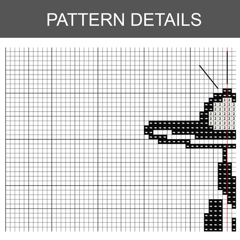 Pode incluir: Detalhe de um padr&atilde;o de ponto cruz com uma grelha de linhas pretas. O padr&atilde;o mostra um desenho a preto e branco com o texto "22222" repetido. As palavras "PATTERN DETAILS" est&atilde;o no topo.