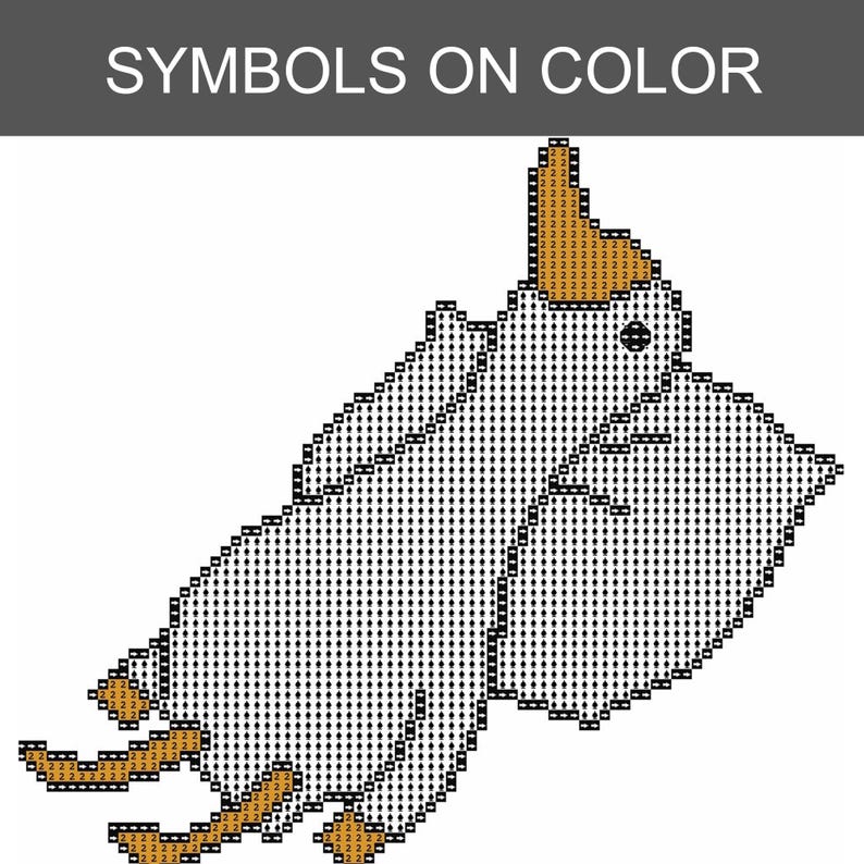 May include: A pixelated illustration of a goose in white, black, and brown. The goose is depicted with a long neck and a beak. The image has the text "SYMBOLS ON COLOR" at the top.