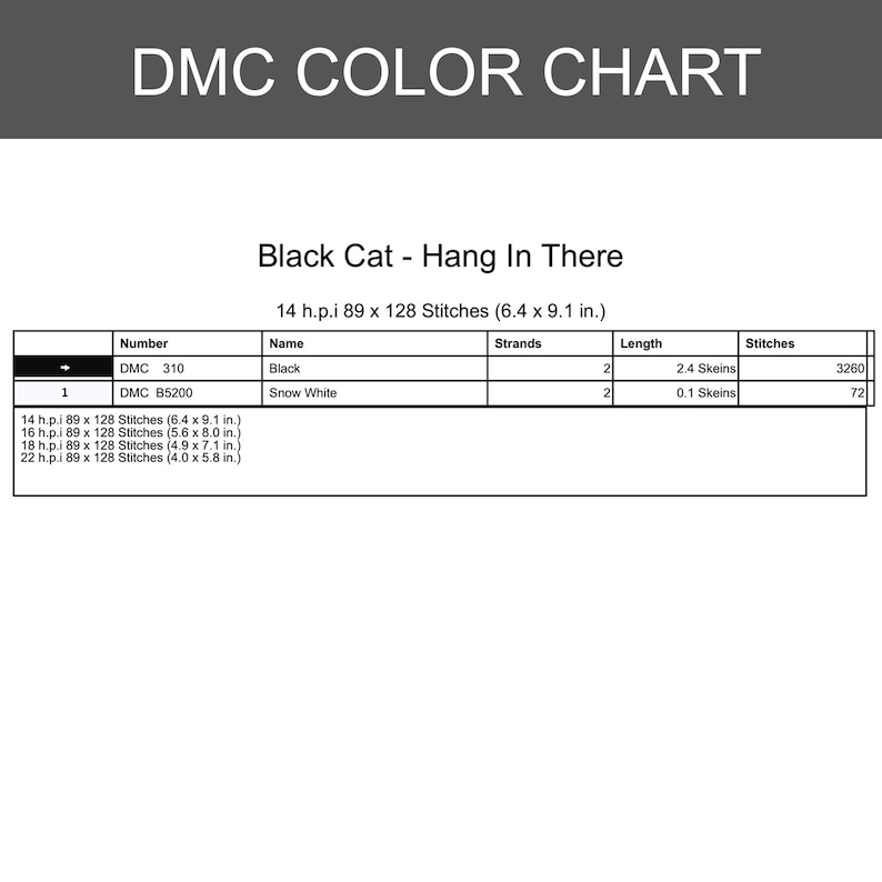 K&ouml;nnte beinhalten: Eine DMC-Farbkarte f&uuml;r ein Kreuzstichmuster mit dem Titel Black Cat - Hang In There. Die Tabelle listet DMC 310 Schwarz und DMC B5200 Schneewei&szlig; mit Stranganzahl, Garnl&auml;ngen und Stichzahlen f&uuml;r verschiedene Stoffdichten von 14 bis 22 h.p.i. auf.