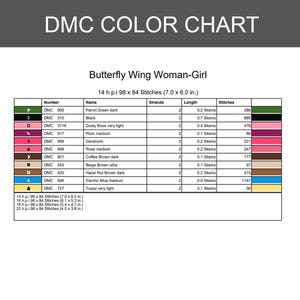Peut inclure: Un nuancier DMC pour un mod&egrave;le de point de croix intitul&eacute; Butterfly Wing Woman-Girl. Le tableau indique les num&eacute;ros de fil, les noms, le nombre de brins, les longueurs d'&eacute;cheveaux et le nombre de points pour diverses couleurs.