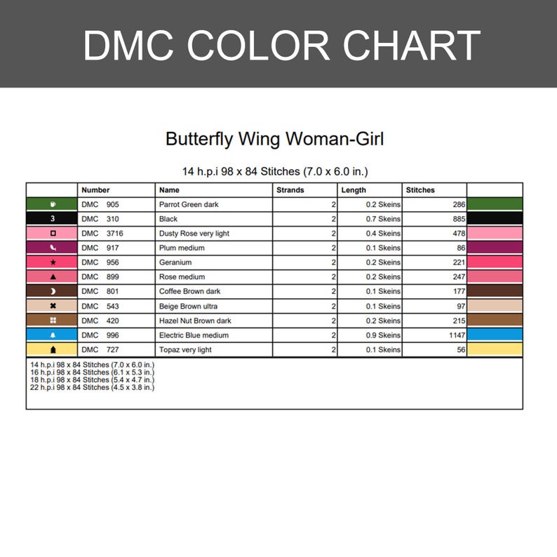 Peut inclure: Un nuancier DMC pour un mod&egrave;le de point de croix intitul&eacute; Butterfly Wing Woman-Girl. Le tableau indique les num&eacute;ros de fil, les noms, le nombre de brins, les longueurs d'&eacute;cheveaux et le nombre de points pour diverses couleurs.