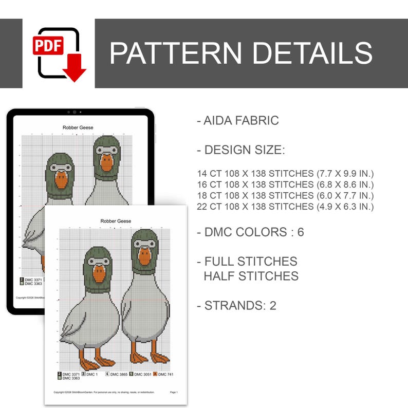 Peut inclure: Un mod&egrave;le de point de croix PDF num&eacute;rique intitul&eacute; Robber Geese, montrant deux oies portant des cagoules vertes. Le document indique le tissu Aida, 6 couleurs DMC, des points pleins et demi-points, 2 brins et les tailles pour 14, 16, 18, 22 ct.