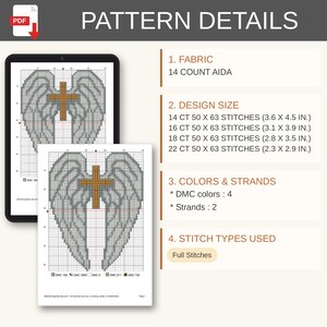 May include: A digital cross stitch pattern featuring angel wings and a cross. Text includes PATTERN DETAILS, 14 COUNT AIDA, and design sizes ranging from 3.6 x 4.5 inches to 2.3 x 2.9 inches. The pattern uses 4 DMC colors and 2 strands with full stitches.