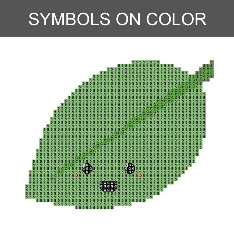Puede incluir: Un patr&oacute;n pixelado en forma de hoja para pintura de diamantes o punto de cruz, con una cuadr&iacute;cula de cuadrados verde claro marcados con el n&uacute;mero 5 y la letra C. Incluye dos ojos circulares negros y una boca negra con la letra G dentro.