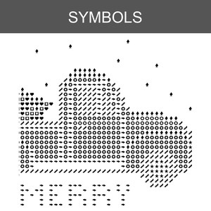 May include: A black and white cross stitch pattern chart titled SYMBOLS at the top. The design features a truck silhouette composed of various symbols like stars, arrows, hearts, and spades. The word MERRY is spelled out in arrows at the bottom.