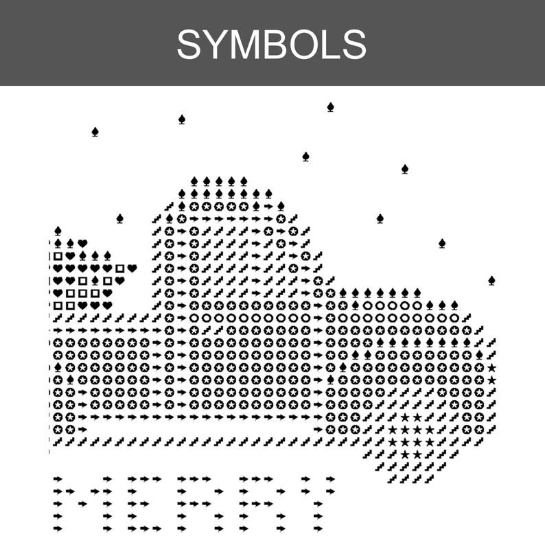 May include: A black and white cross stitch pattern chart titled SYMBOLS at the top. The design features a truck silhouette composed of various symbols like stars, arrows, hearts, and spades. The word MERRY is spelled out in arrows at the bottom.