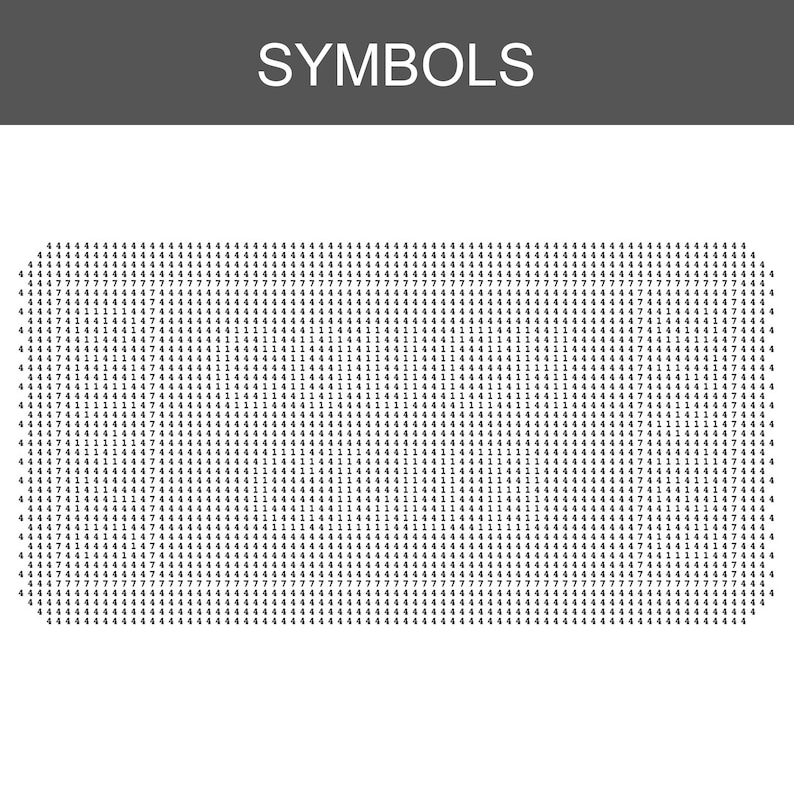 May include: A rectangular chart labelled SYMBOLS at the top, featuring a dense grid of black numbers 1, 4, and 7 arranged in a pattern against a white background. The layout consists of rows and columns of these digits, creating a visual reference guide.