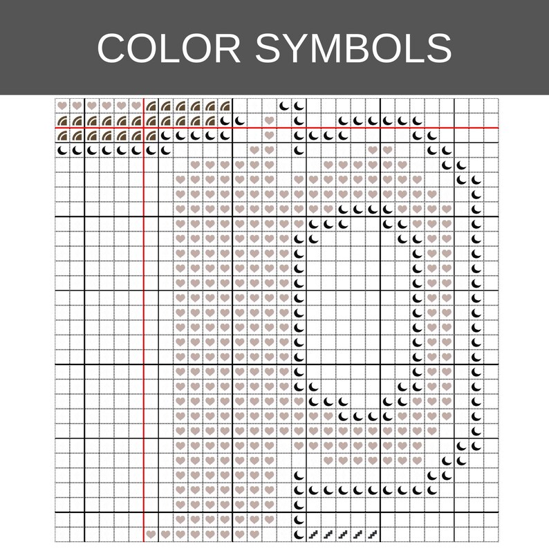 Puede incluir: Un patr&oacute;n de punto de cruz titulado COLOR SYMBOLS con un dise&ntilde;o de cuadr&iacute;cula. El dise&ntilde;o muestra la forma de una letra compuesta por iconos de corazones rosa claro y s&iacute;mbolos de lunas crecientes negras sobre un fondo blanco con l&iacute;neas negras.