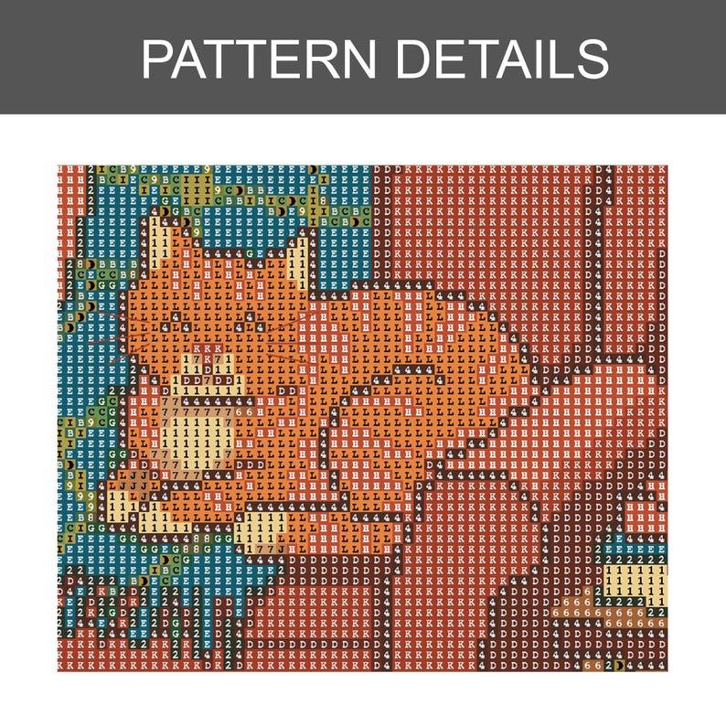 May include: A square diamond painting pattern guide featuring a grid of letters and numbers. The design depicts a fox in orange and brown tones against a dark blue background. The text "PATTERN DETAILS" is printed in white at the top of the image.