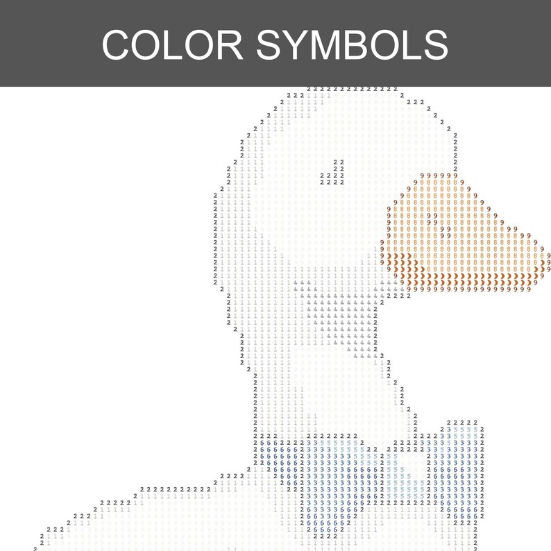 May include: Image with the text "COLOR SYMBOLS" at the top. Below the text is a pixelated image of a duck. The duck is white with a brown beak. The image is made up of numbers and symbols.