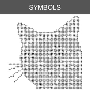 May include: A black and white graphic of a cat head silhouette composed of various small symbols including letters, triangles, squares, circles, and stars. The word SYMBOLS is printed in white text on a dark gray bar at the top of the image.
