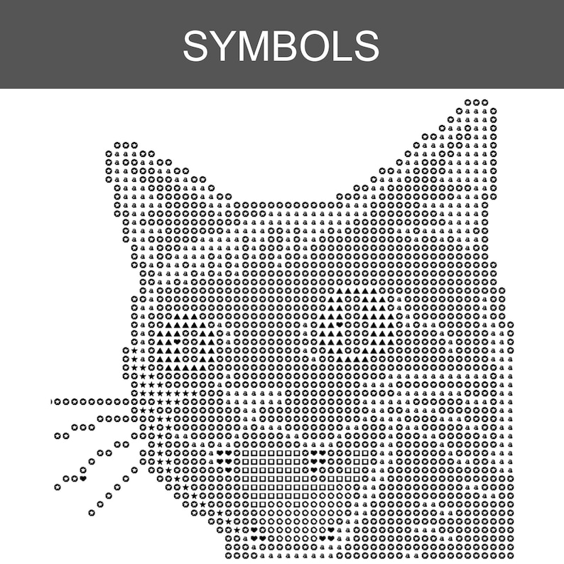 May include: A black and white graphic of a cat head silhouette composed of various small symbols including letters, triangles, squares, circles, and stars. The word SYMBOLS is printed in white text on a dark gray bar at the top of the image.