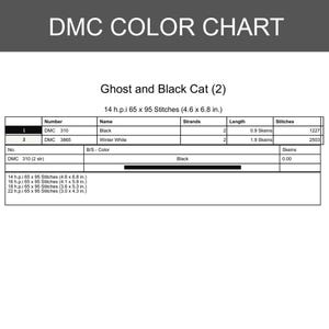 May include: A DMC color chart titled "Ghost and Black Cat (2)" with stitch details. The chart includes DMC thread numbers, names, strands, lengths, and stitch counts. The chart dimensions are 4.6 x 6.8 inches.