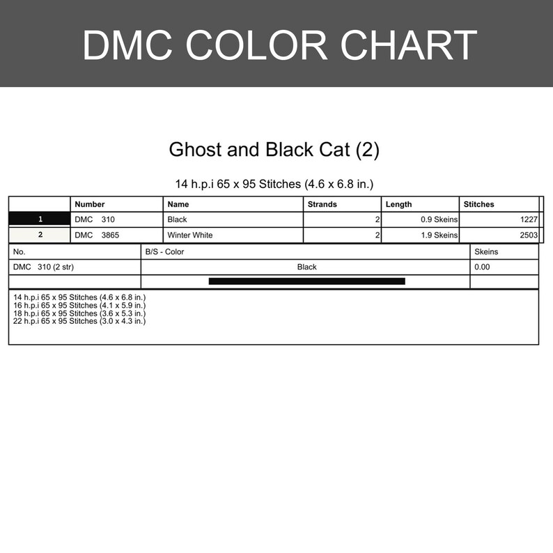 May include: A DMC color chart titled "Ghost and Black Cat (2)" with stitch details. The chart includes DMC thread numbers, names, strands, lengths, and stitch counts. The chart dimensions are 4.6 x 6.8 inches.