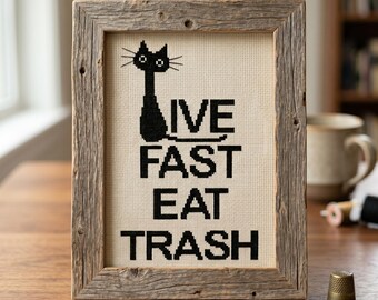 Schwarze Katze Kreuzstich Muster, Live Fast Eat Trash, sofortiger digitaler Download
