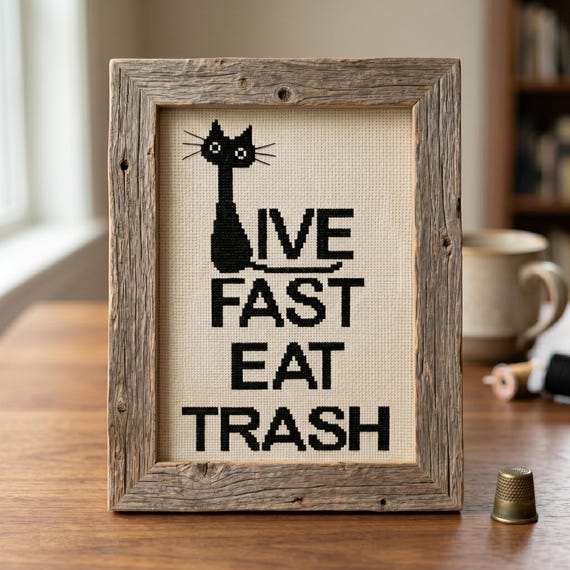 Black Cat Cross Stitch Pattern, Live Fast Eat Trash, Instant Digital Download