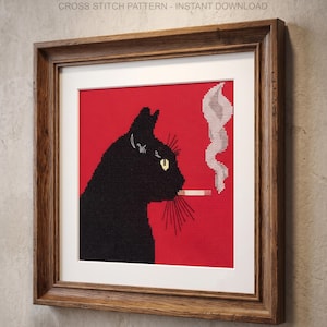 May include: Cross-stitch art of a black cat smoking a cigarette, set against a red background. The cat has a yellow eye and is framed in a wooden frame. The text "CROSS STITCH PATTERN - INSTANT DOWNLOAD" is at the top.