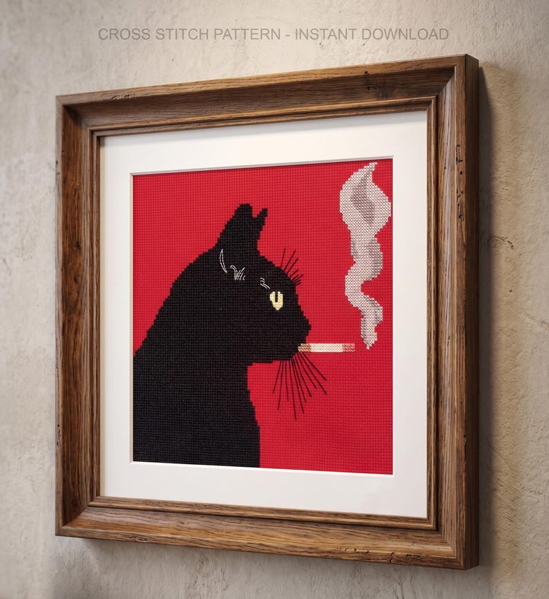 May include: Cross-stitch art of a black cat smoking a cigarette, set against a red background. The cat has a yellow eye and is framed in a wooden frame. The text "CROSS STITCH PATTERN - INSTANT DOWNLOAD" is at the top.