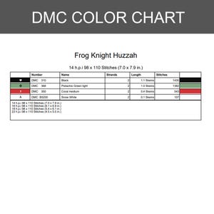 May include: A DMC colour chart titled Frog Knight Huzzah, listing thread numbers 310, 368, 350, and B5200 with corresponding colours, strand counts, skein lengths, and stitch counts for a 14 h.p.i 98 x 110 stitch design measuring 17.8 x 20.1 cm.