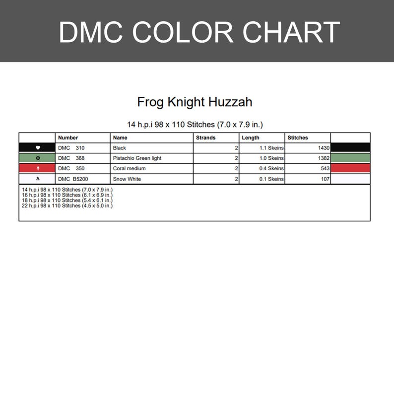 May include: A DMC colour chart titled Frog Knight Huzzah, listing thread numbers 310, 368, 350, and B5200 with corresponding colours, strand counts, skein lengths, and stitch counts for a 14 h.p.i 98 x 110 stitch design measuring 17.8 x 20.1 cm.