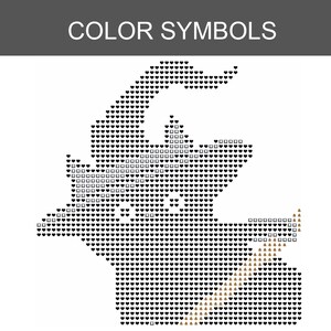Puede incluir: Un patr&oacute;n de punto de cruz titulado COLOR SYMBOLS que presenta un gr&aacute;fico pixelado de un sombrero puntiagudo. El dise&ntilde;o est&aacute; compuesto por s&iacute;mbolos de corazones negros, cuadrados blancos y &aacute;rboles marrones claros formando la figura.