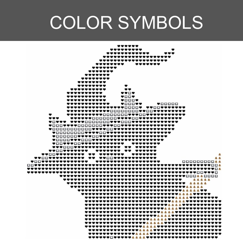 Puede incluir: Un patr&oacute;n de punto de cruz titulado COLOR SYMBOLS que presenta un gr&aacute;fico pixelado de un sombrero puntiagudo. El dise&ntilde;o est&aacute; compuesto por s&iacute;mbolos de corazones negros, cuadrados blancos y &aacute;rboles marrones claros formando la figura.
