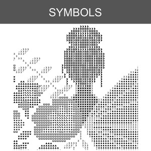 Peut inclure: Un diagramme de point de croix en noir et blanc avec le mot SYMBOLS en haut. Le motif pr&eacute;sente une grille remplie de divers symboles, notamment des chiffres, des carr&eacute;s, des &eacute;toiles, des triangles, des croissants et des croix pour les couleurs.