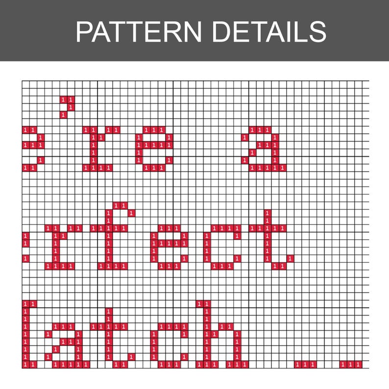 Puede incluir: Un patr&oacute;n de punto de cruz sobre una cuadr&iacute;cula blanca con el texto PATTERN DETAILS en la parte superior. La cuadr&iacute;cula contiene letras rojas pixeladas que forman la frase 'be a perfect latch' con el n&uacute;mero 1 dentro de cada cuadrado rojo.