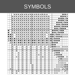 May include: A black and white cross stitch pattern chart labeled SYMBOLS at the top. The grid contains repeating black icons including stars, hearts, arrows, curved shapes, and stair-step patterns arranged in rows and columns on a white background.