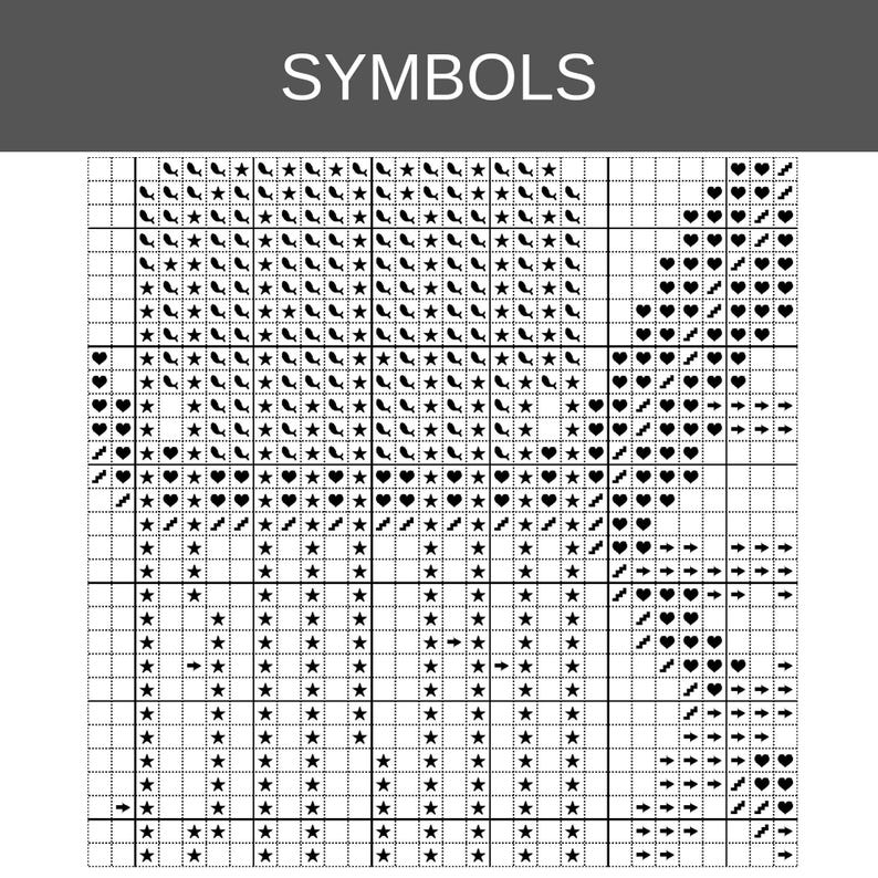May include: A black and white cross stitch pattern chart labeled SYMBOLS at the top. The grid contains repeating black icons including stars, hearts, arrows, curved shapes, and stair-step patterns arranged in rows and columns on a white background.