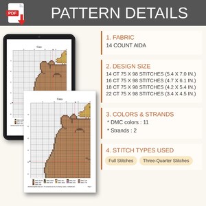 May include: A digital cross-stitch pattern document titled PATTERN DETAILS. It lists 14 count Aida fabric, design sizes ranging from 13.7 x 17.8 cm to 8.6 x 11.4 cm, 11 DMC colours, 2 strands, and full and three-quarter stitch types.