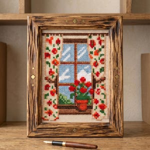 Cottagecore fönster korsstygnsmönster, vintage blombroderi, omedelbar nedladdning bild 2