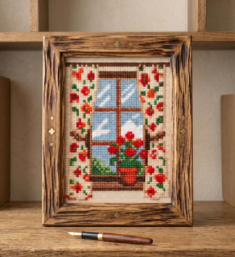 Cottagecore fönster korsstygnsmönster, vintage blombroderi, omedelbar nedladdning bild 2