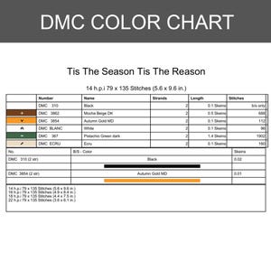 K&ouml;nnte beinhalten: DMC-Farbtabelle mit dem Text "DMC COLOR CHART" und "Tis The Season Tis The Reason". Die Tabelle listet DMC-Garbenfarben, Namen und Stichzahlen auf. Die Tabelle ist 14,2 x 24,4 cm gro&szlig;.