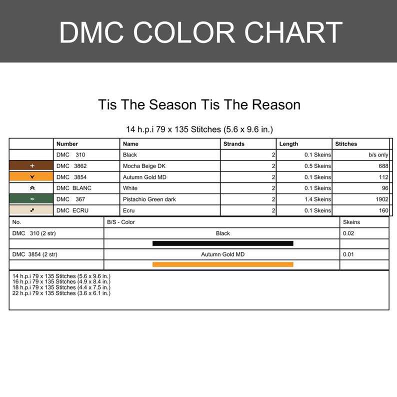 K&ouml;nnte beinhalten: DMC-Farbtabelle mit dem Text "DMC COLOR CHART" und "Tis The Season Tis The Reason". Die Tabelle listet DMC-Garbenfarben, Namen und Stichzahlen auf. Die Tabelle ist 14,2 x 24,4 cm gro&szlig;.