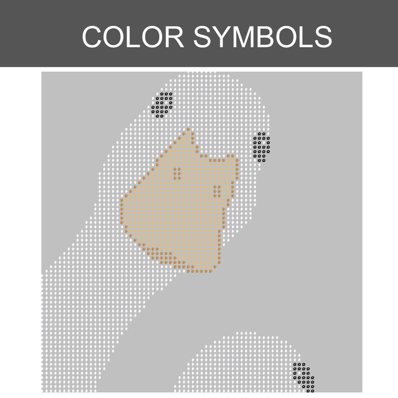 May include: A digital pattern titled COLOR SYMBOLS featuring a pixelated goose head. The design uses a light gray background with white dots forming the goose's neck and head, a tan beak, and black dots for the eyes and a small detail on the lower body.