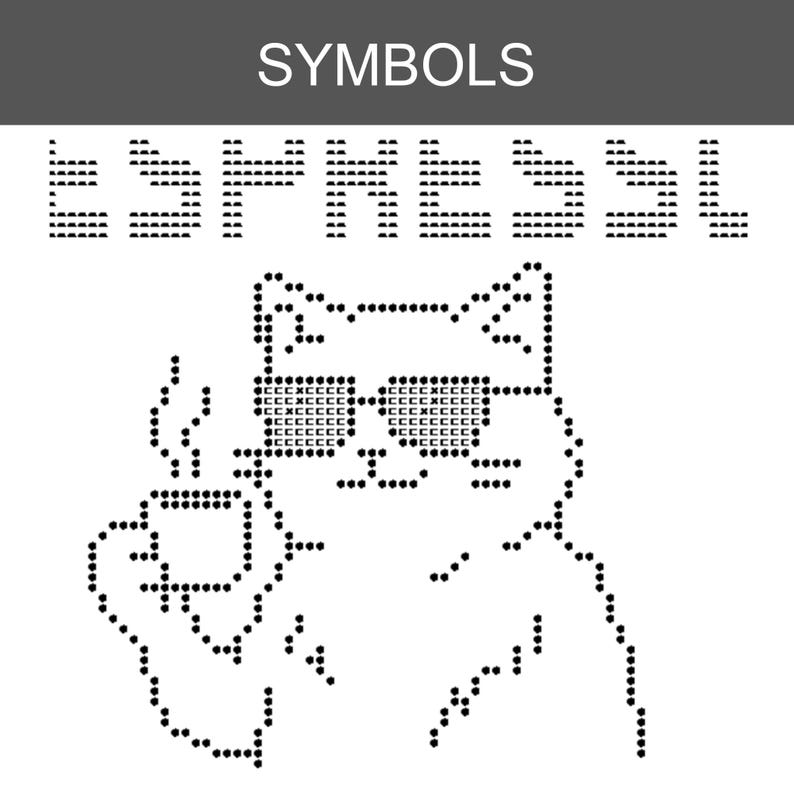 Puede incluir: Un gr&aacute;fico de arte ASCII en blanco y negro que presenta la palabra SYMBOLS en la parte superior, el texto ESPRESSO debajo y un gato estilizado con gafas de sol mientras sostiene una taza de caf&eacute; humeante, todo en estilo matricial.