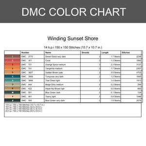 May include: A DMC color chart titled Winding Sunset Shore for cross-stitch patterns. The table lists thread numbers, names, strand counts, skein lengths, and stitch counts. It includes dimensions for 14, 16, 18, and 22 h.p.i. fabric counts.
