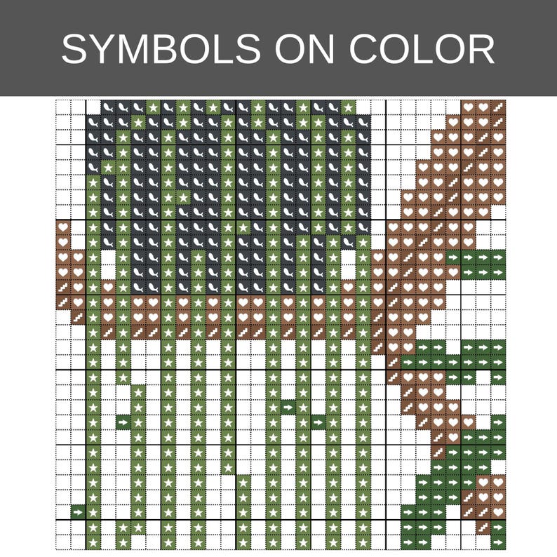 May include: A cross-stitch pattern chart titled SYMBOLS ON COLOR featuring a grid with various symbols including stars, hearts, and arrows in shades of dark green, light green, and brown, organized into a structured design for needlework.