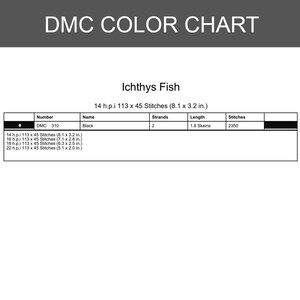 Puede incluir: Una tabla de colores DMC para un patr&oacute;n de punto de cruz Ichthys Fish. La tabla enumera el hilo negro DMC 310, que requiere 2 hebras y 1,8 madejas para 2350 puntadas. Las dimensiones para 14, 16, 18 y 22 h.p.i. van de 20,6 x 8,1 a 13,0 x 5,1 cm.